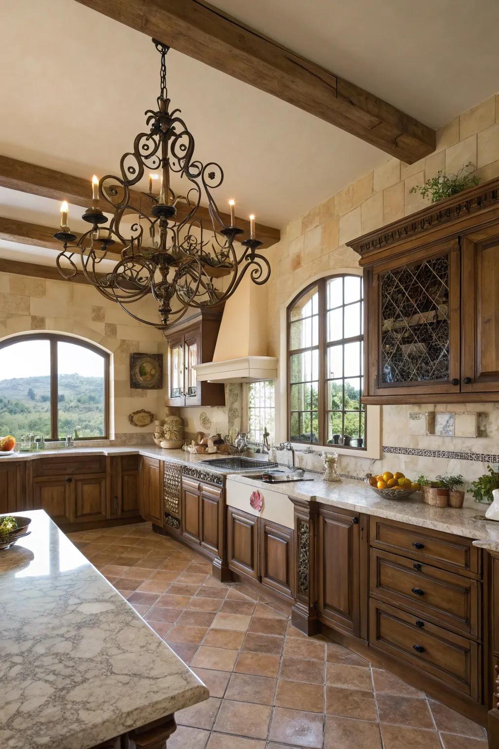 A wrought iron candelabra brings elegance and vintage charm.