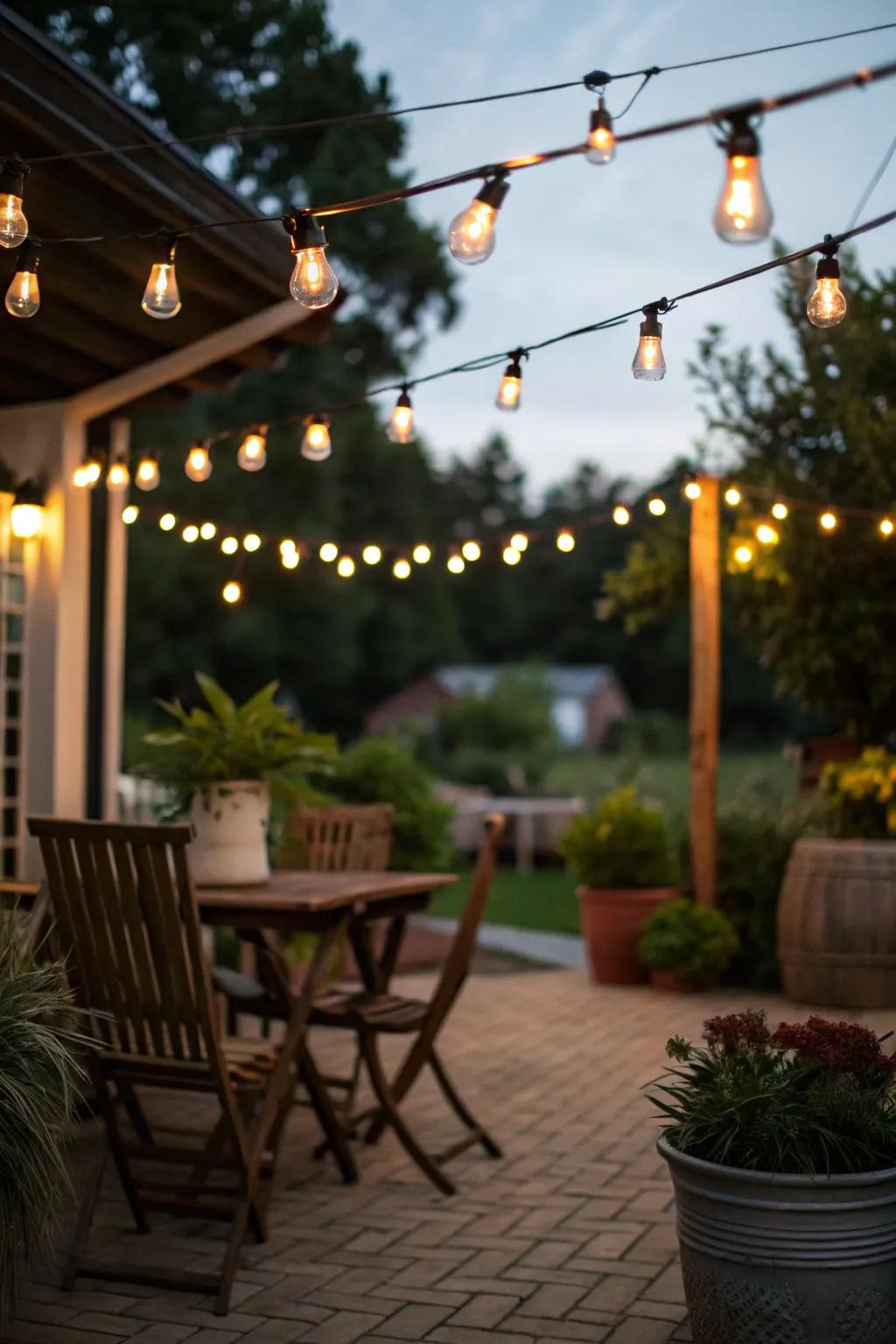 Twinkle lights establish a welcoming and warm ambiance on an Italian patio.