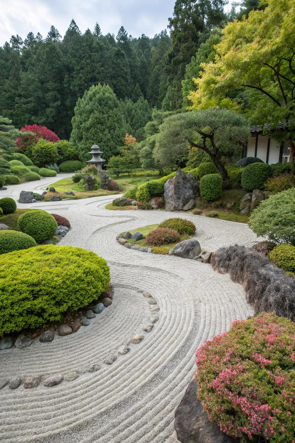 A peaceful Zen garden with meticulously raked rock.