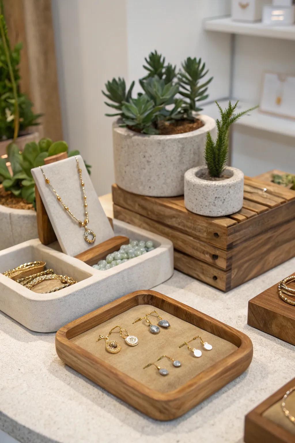 Natural details add warmth to jewelry showcases.