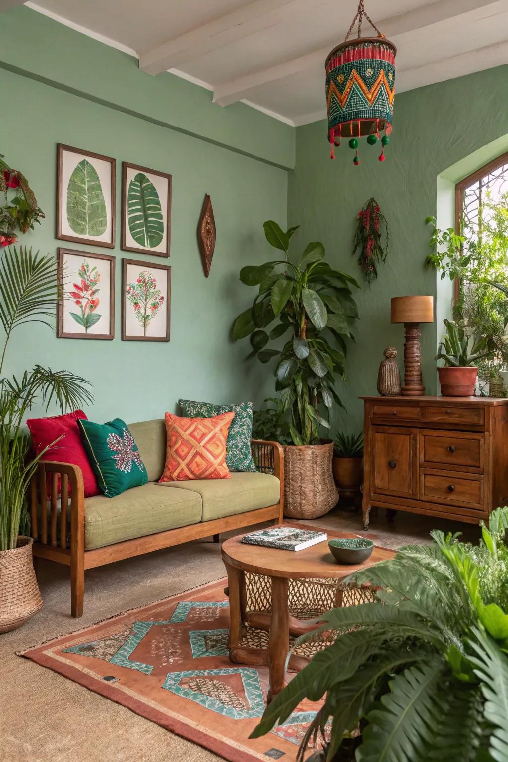 Employ bright and earthy hues to capture the essence of the jungle.