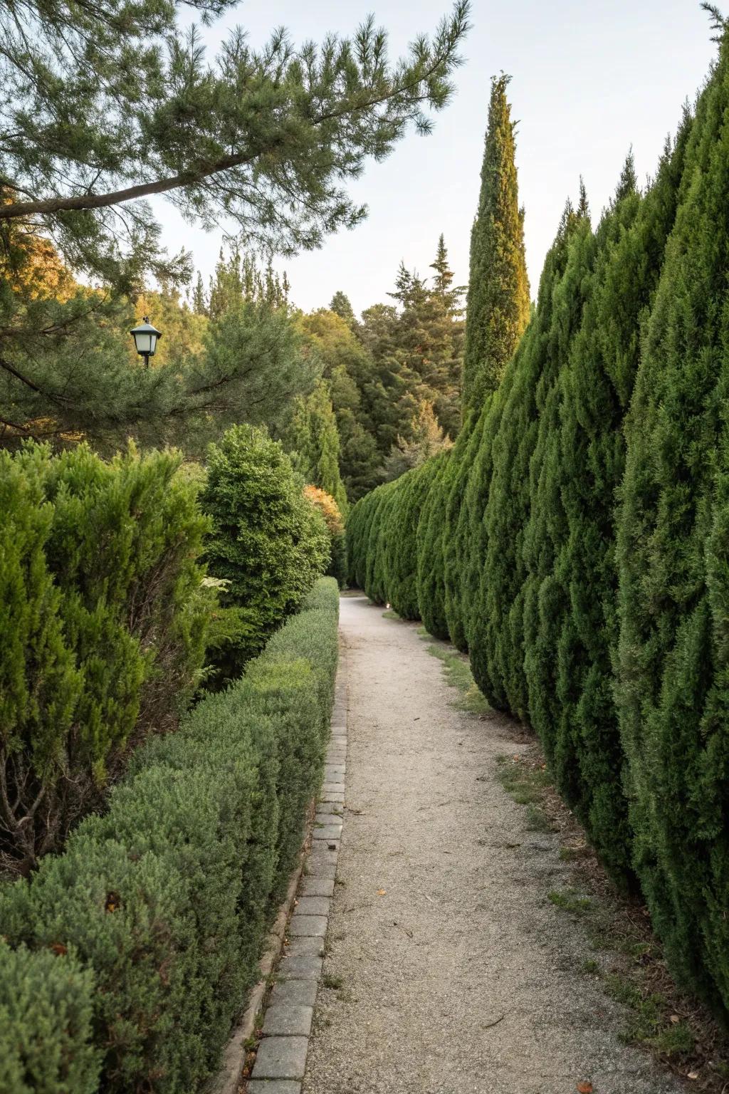 An inviting garden path bordered by junipers