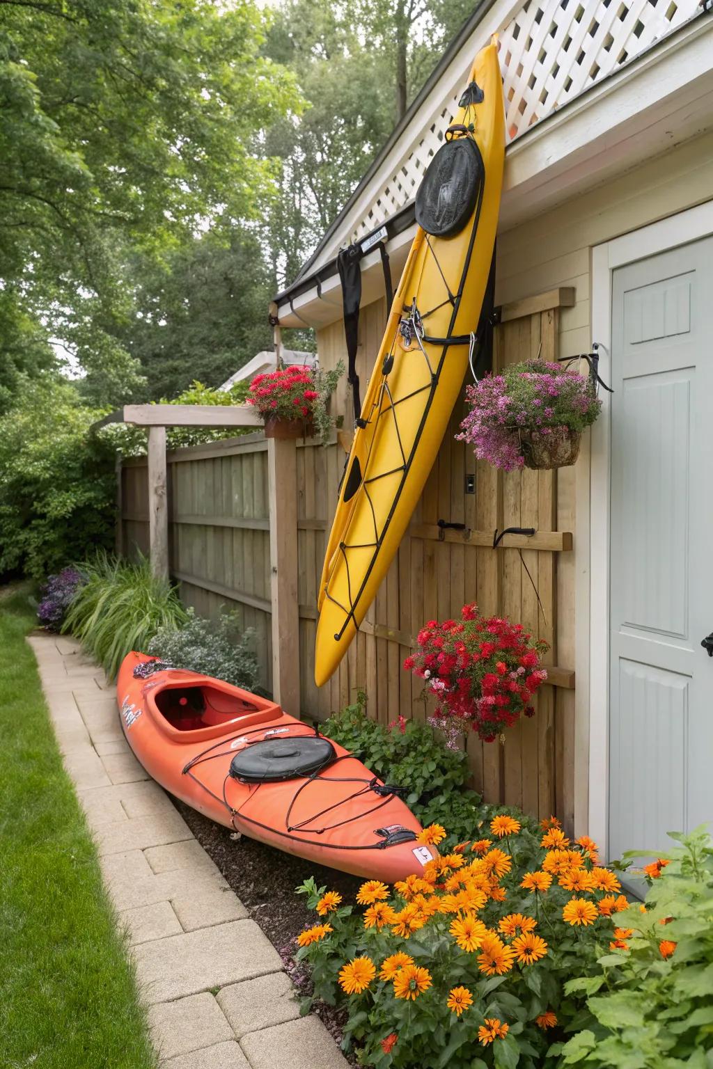 Kayak stored vertically in a confined space.