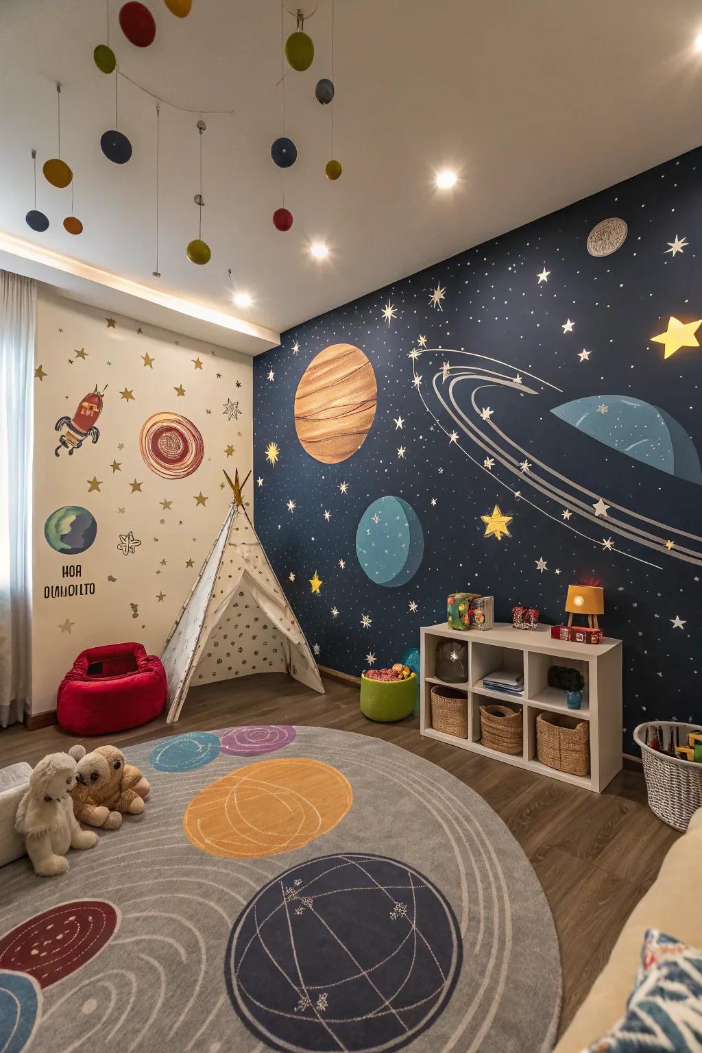 A playroom that embarks on a space adventure with its cosmic-themed wallpaper.