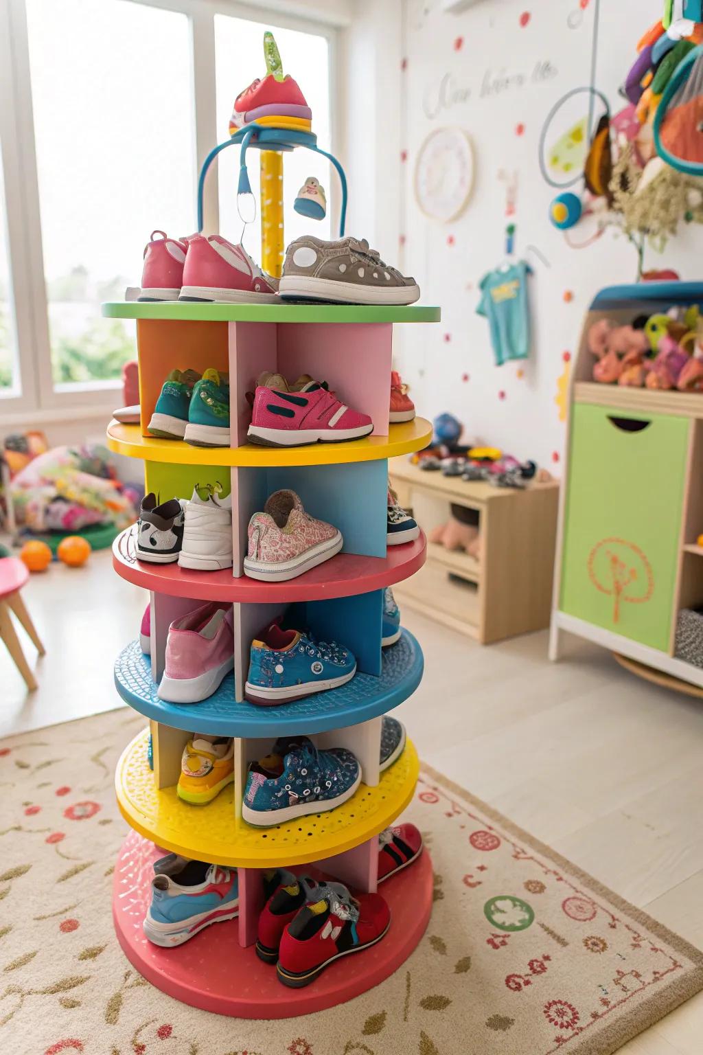 Make shoe storage exciting using a spinning tower.