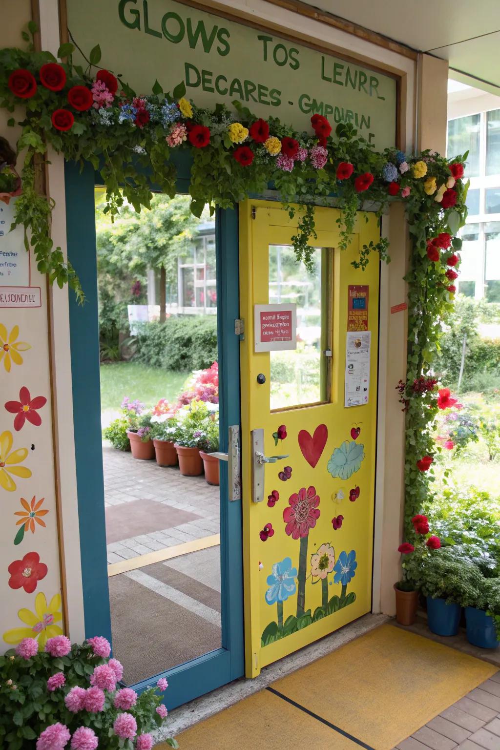 A kindergarten door featuring blossoming flowers and development-themed decorations.