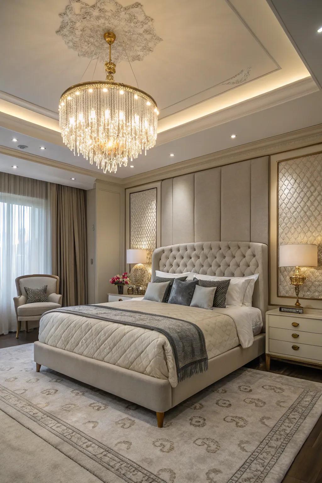 Statement lighting introduces drama and sophistication above this king-sized bed.