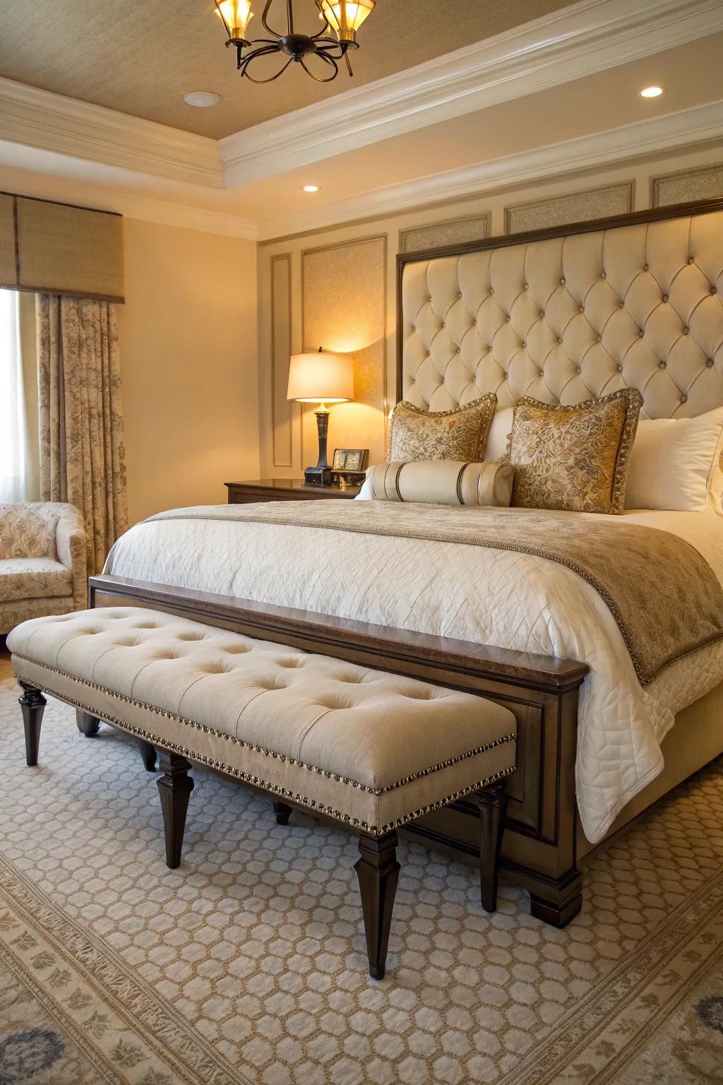 A bench at the foot of the bed enriches the style and utility of your king bedroom.