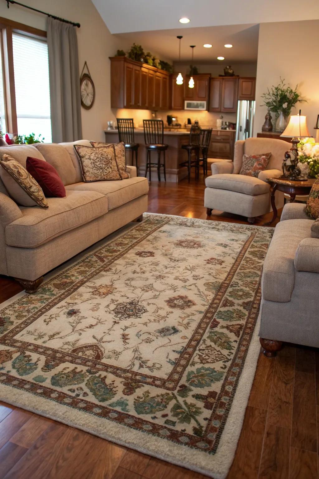 A floor covering defines zones in an open-concept layout.