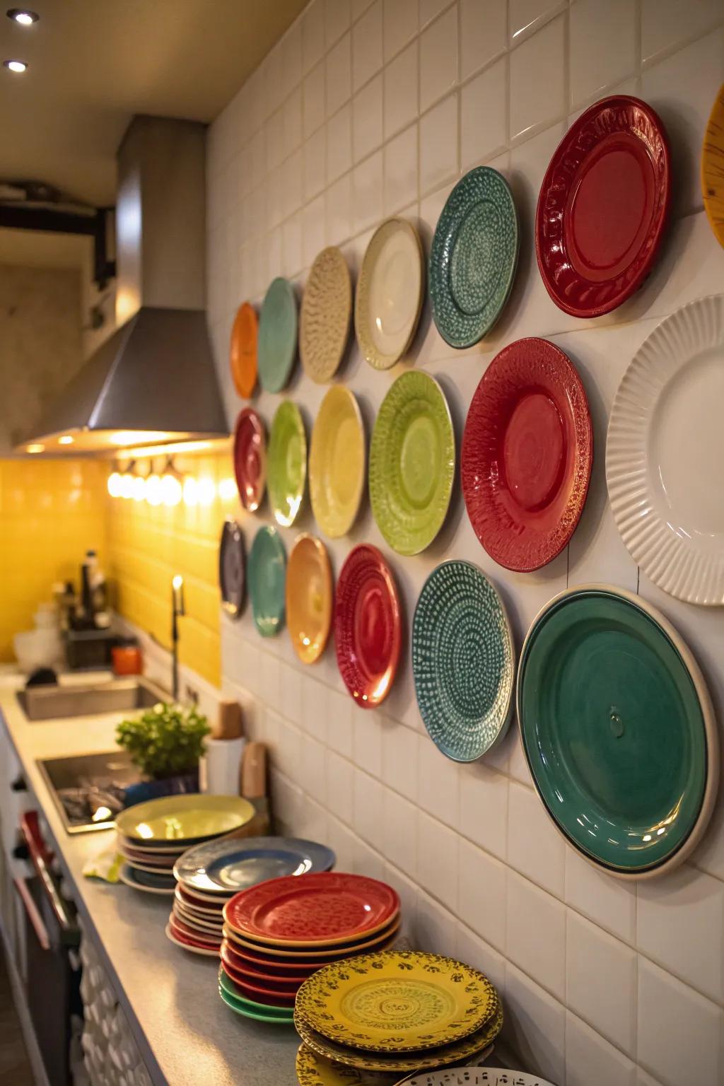 A plate display adds a fun and colorful touch to your kitchen.