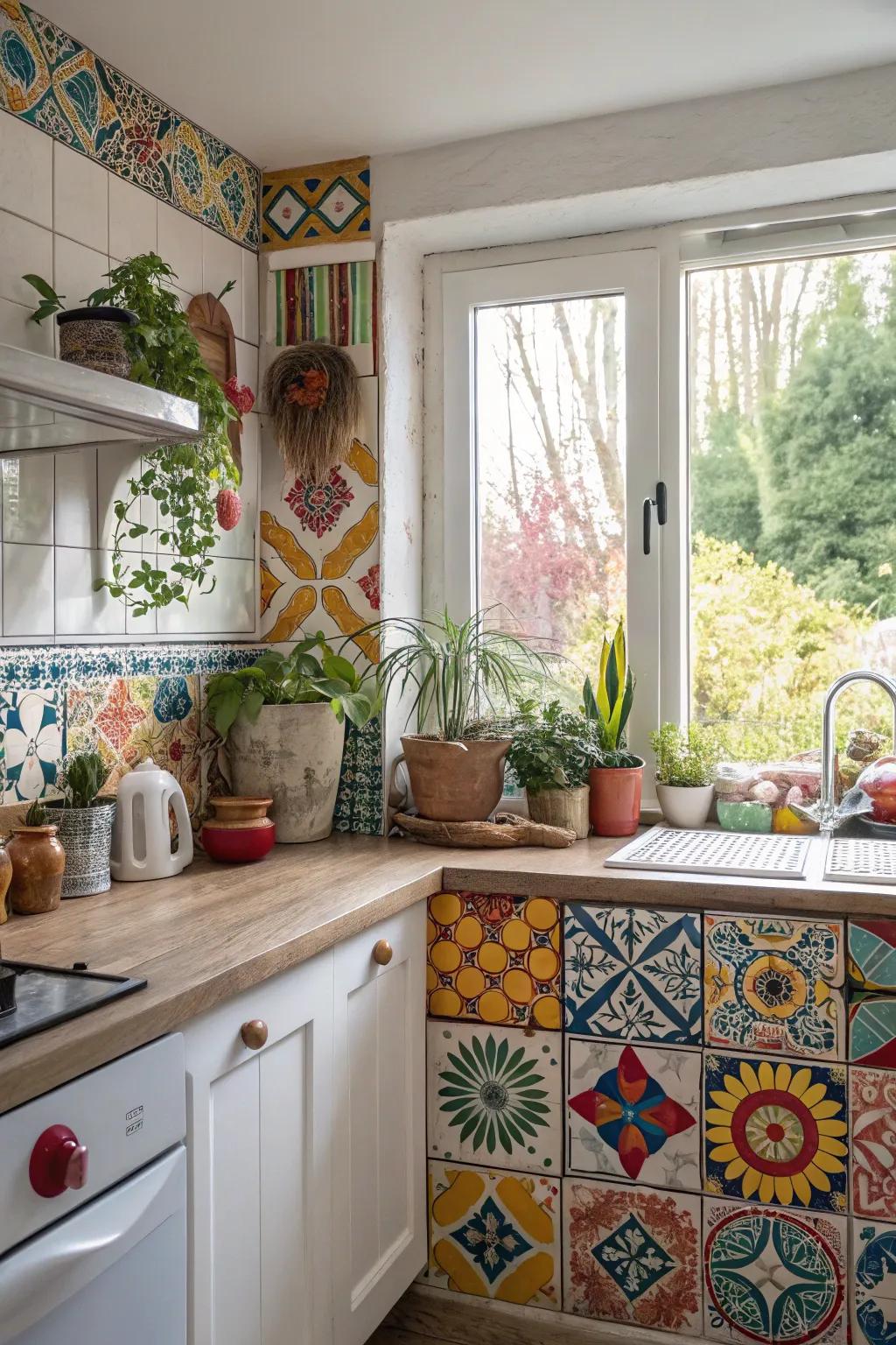 A vivid tile and window merger that adds an explosion of personality to the cooking area.