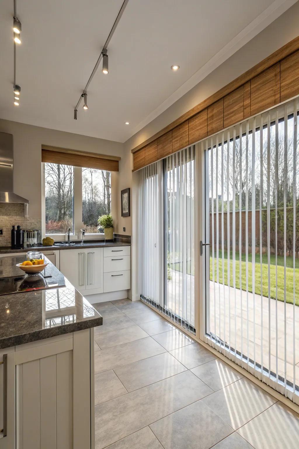 Modern upright blinds in a spacious kitchen