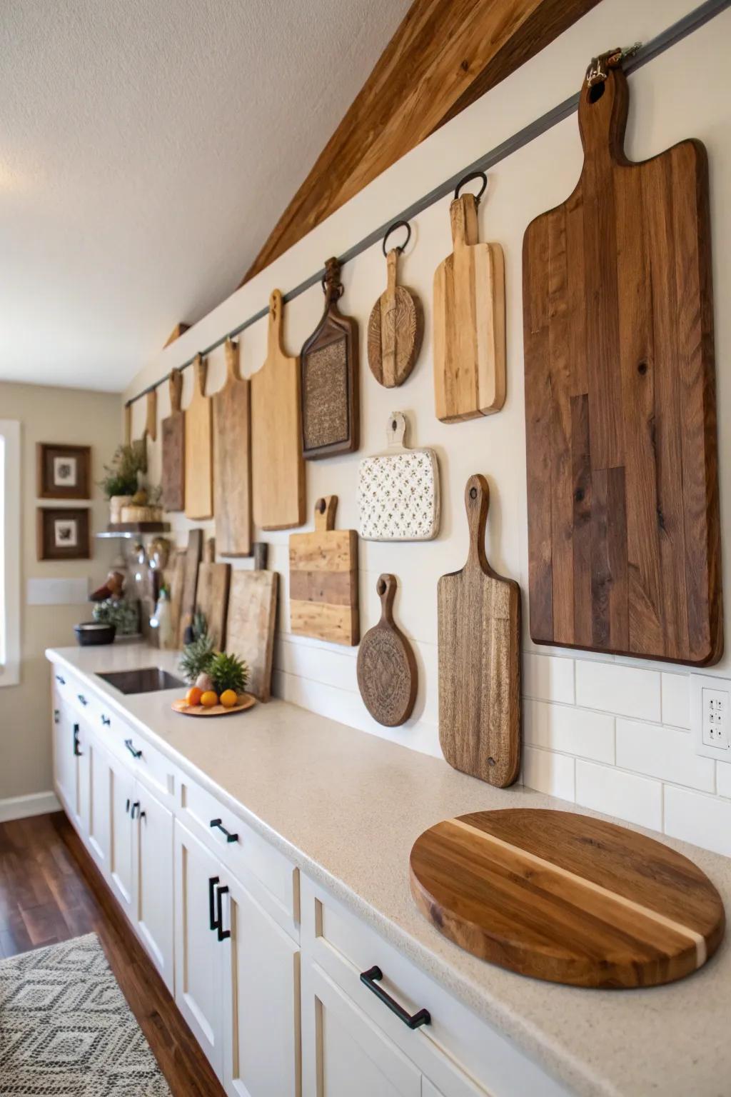A feature wall of chopping blocks becomes a striking artistic element in the culinary space.