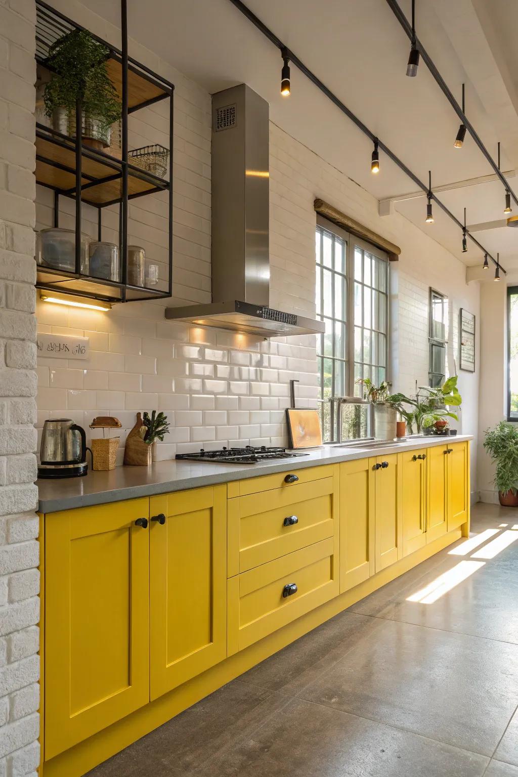 Sunny cabinets brighten up the kitchen with a modern flair.