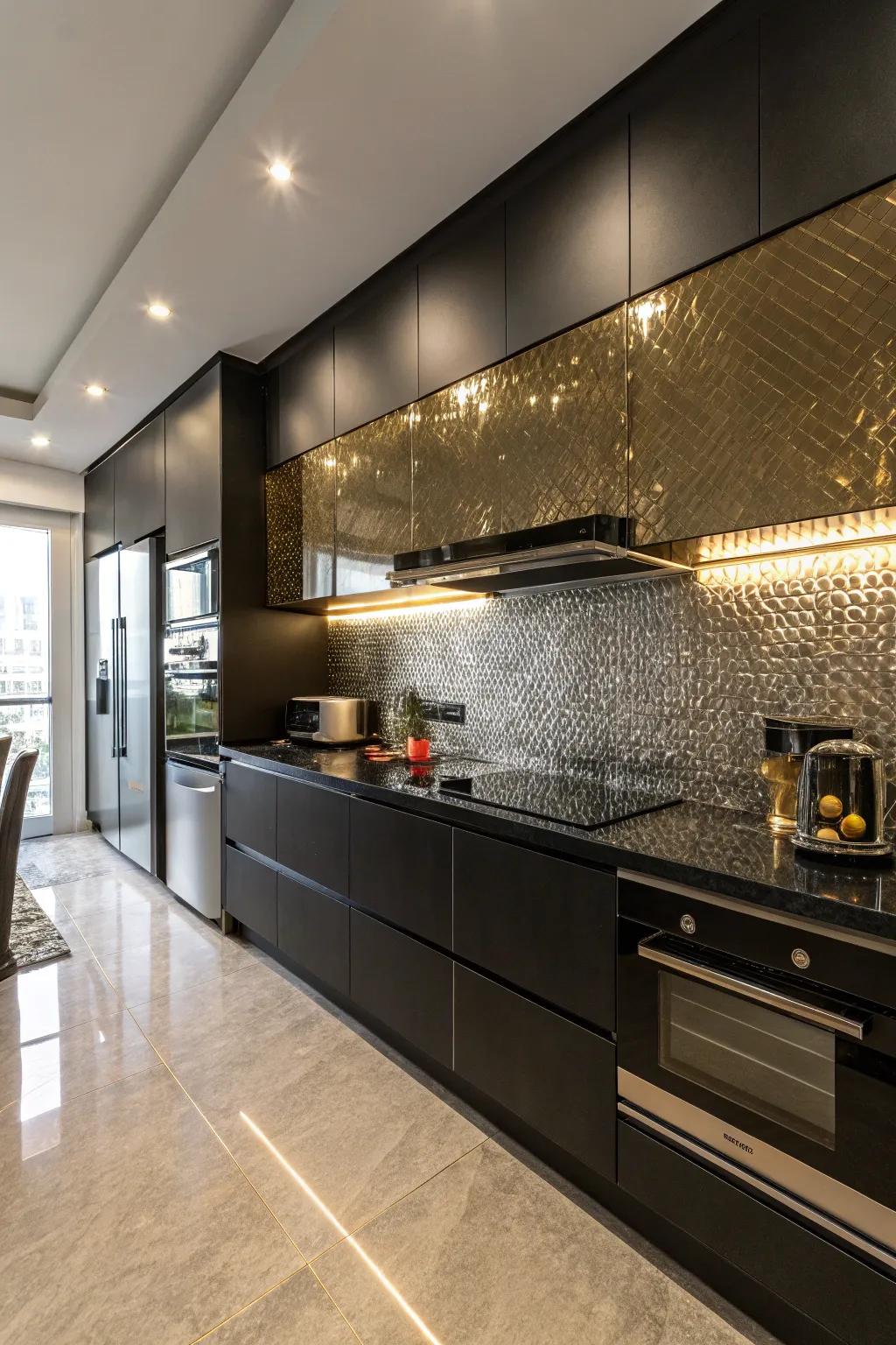 Strong style with dark and shimmery contrasts.
