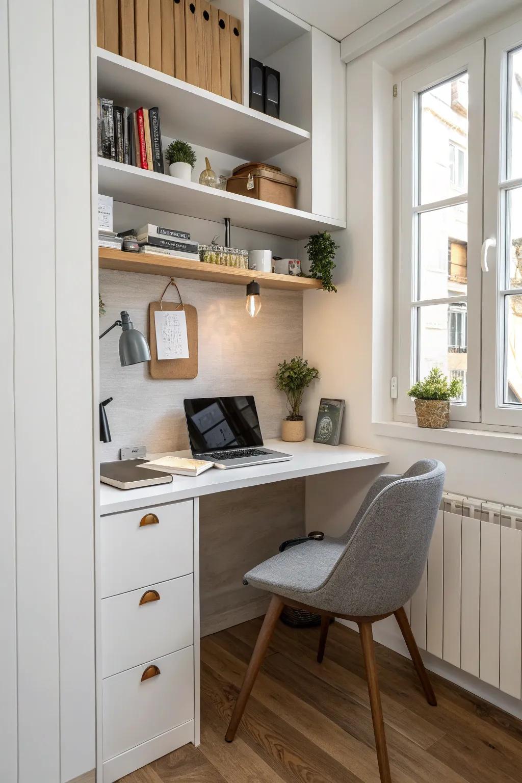 A compact kitchen desk design efficiently utilizing a small space.