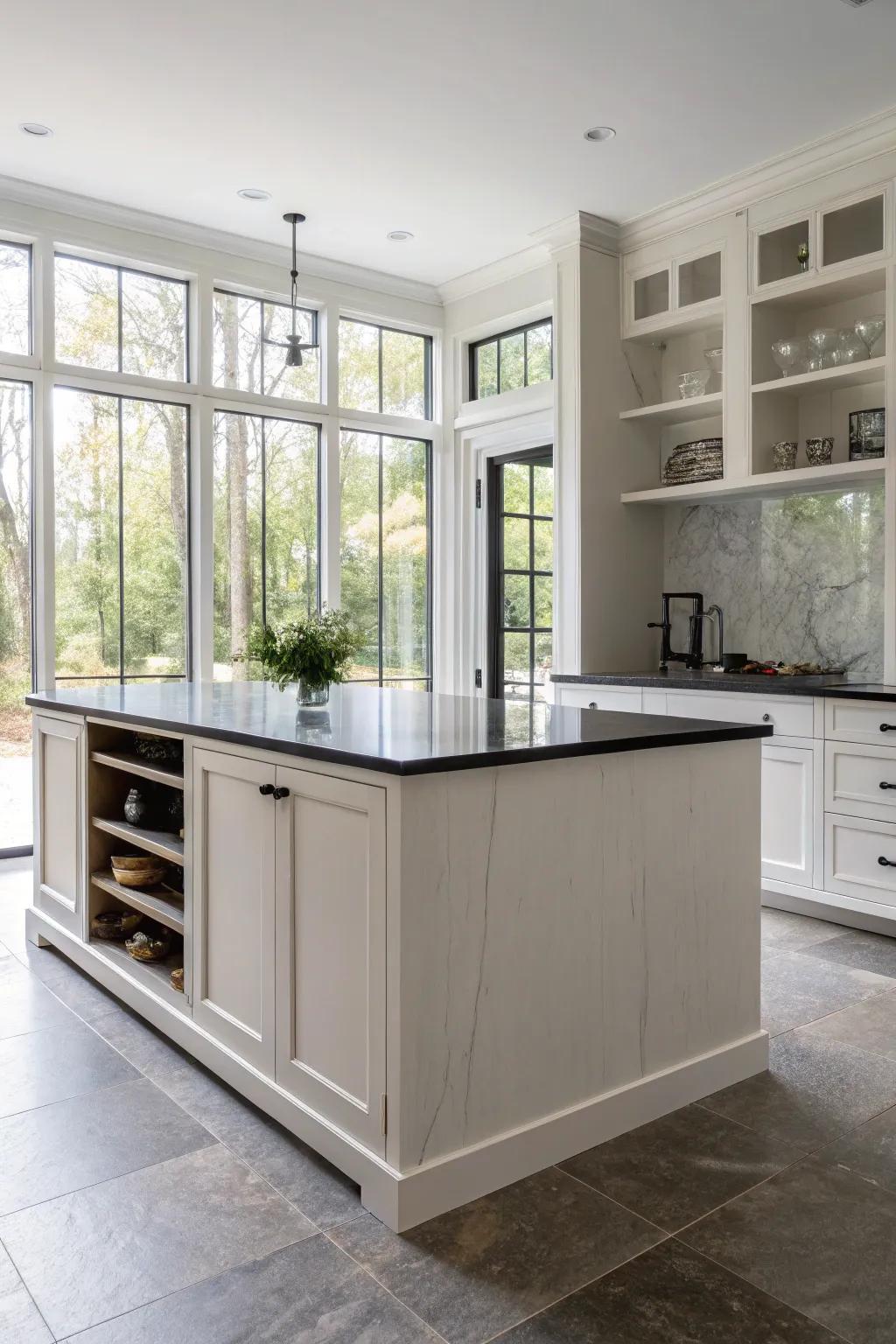 Crisp lines and minimalist design craft a streamlined and contemporary appearance for this kitchen island.