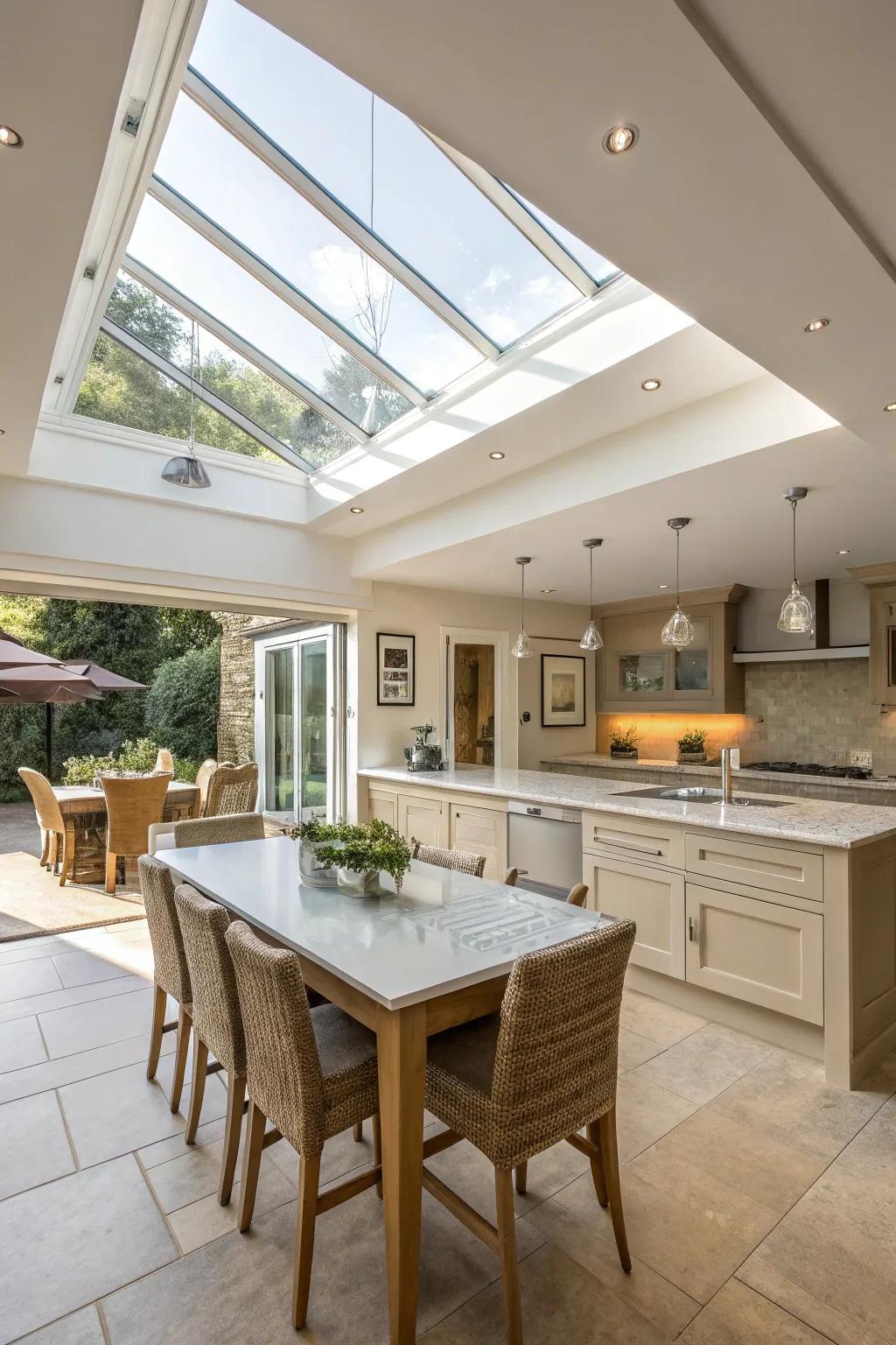 A central island meal table bathed in natural light.