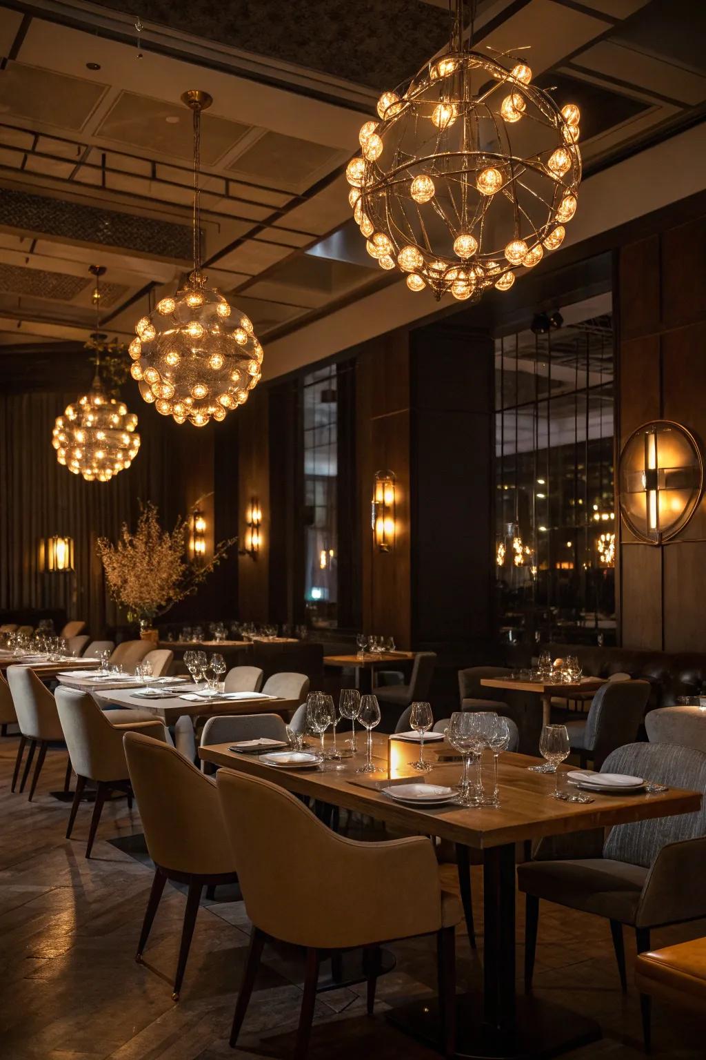 Grouped lights introduce drama and style to this eating space.