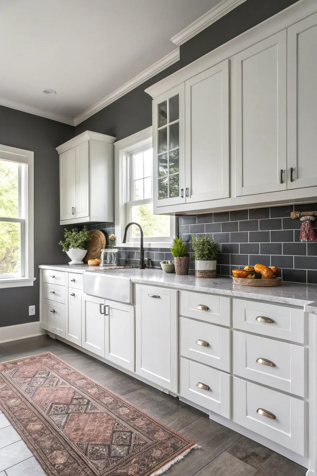 Against white cabinets, charcoal colored walls create a chic, up-to-date contrast.