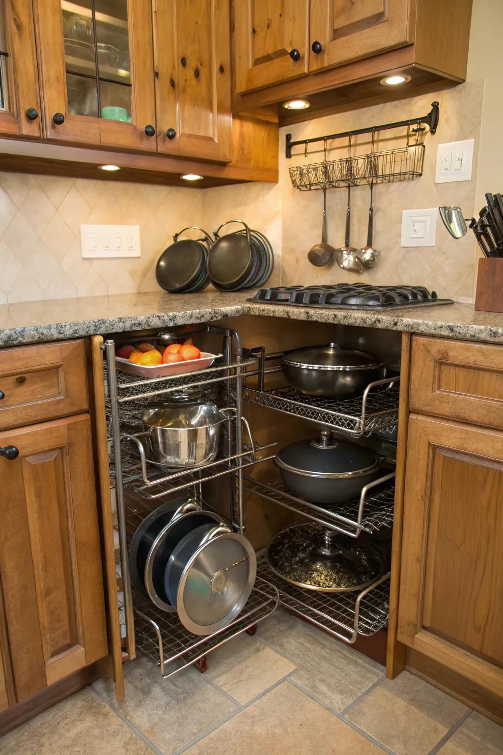 Utilize corner spaces with inventive rack designs to optimize kitchen storage.