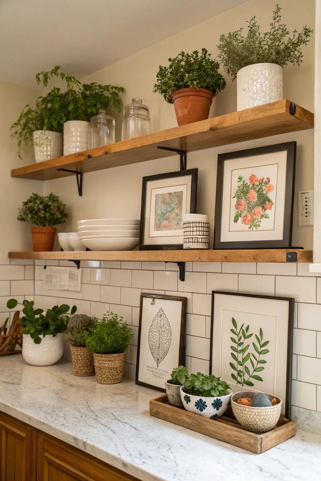 Artfully decorated shelves with plants and artwork.