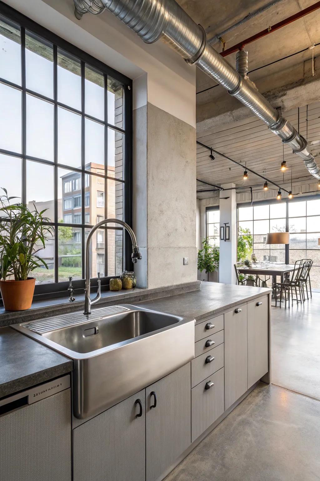 A contemporary kitchen featuring a durable and sleek stainless steel sink.