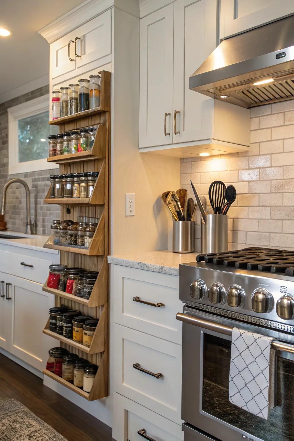A functional and stylish kitchen featuring visually pleasing spice displays and utensil stands.