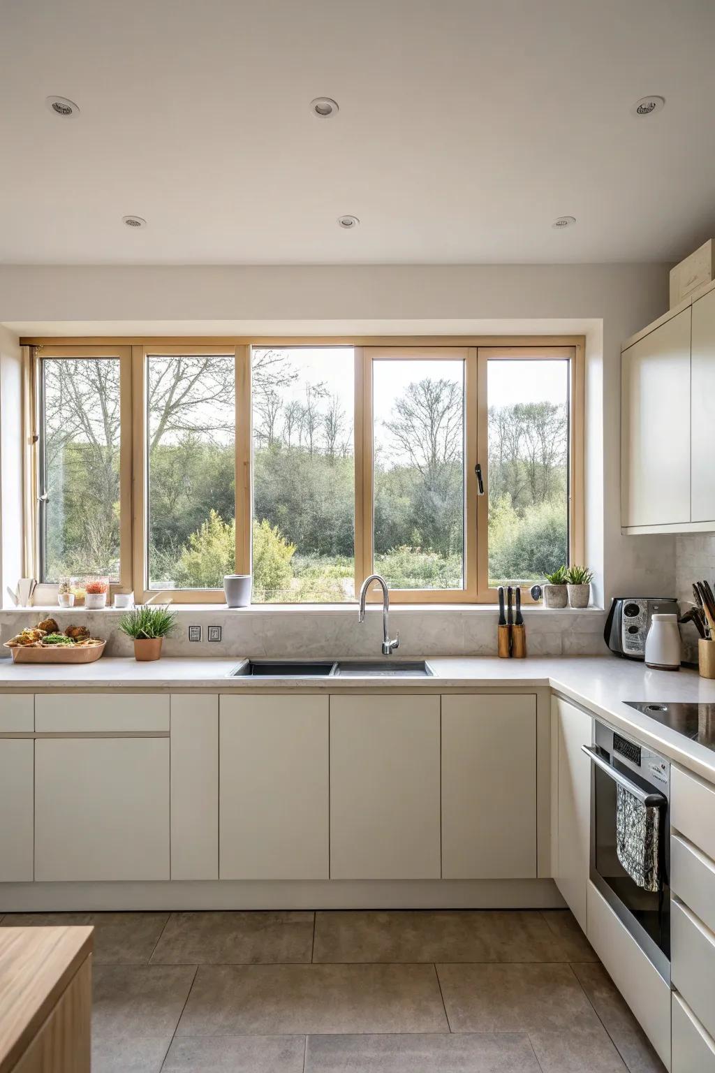 A streamlined culinary space showcasing horizontal gliding windows.