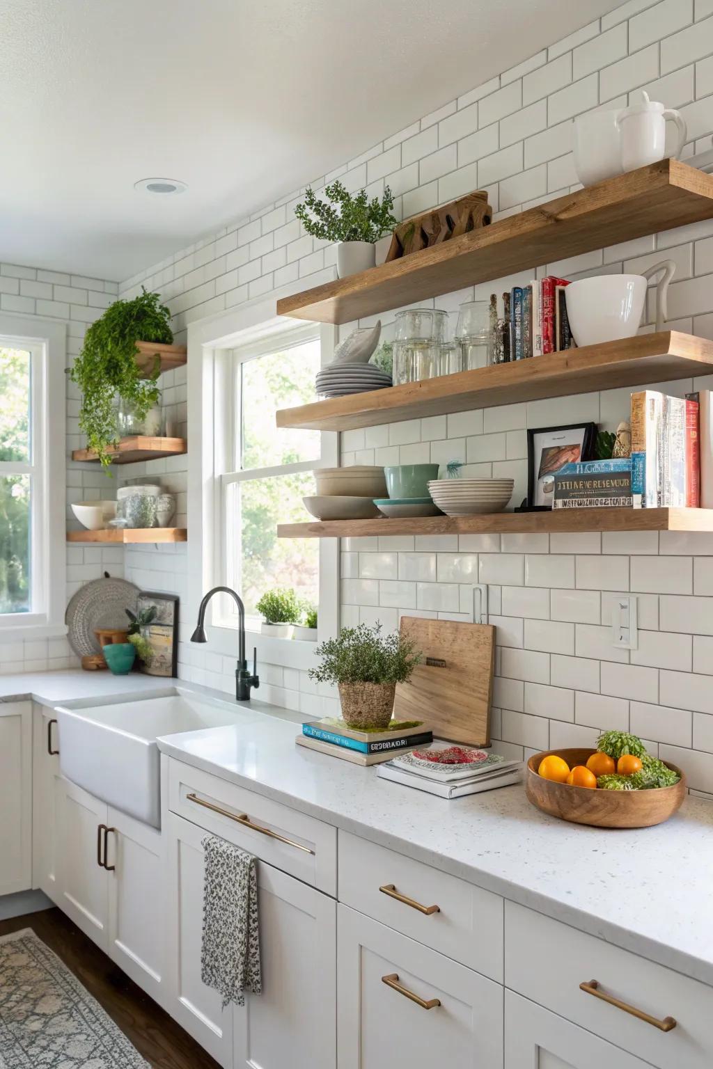 Off-balance shelves add dynamic interest and creativity.