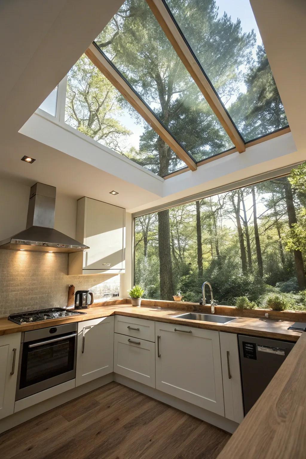 An overhead window offers a stunning view of nature, bringing the outdoors in.