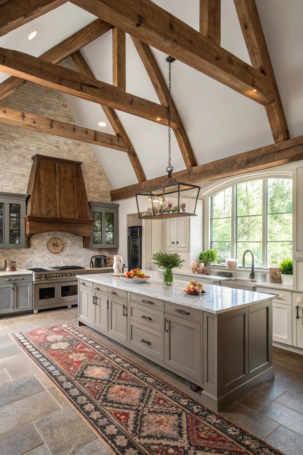 A balanced mix of rustic and modern elements in a kitchen featuring a vaulted ceiling.