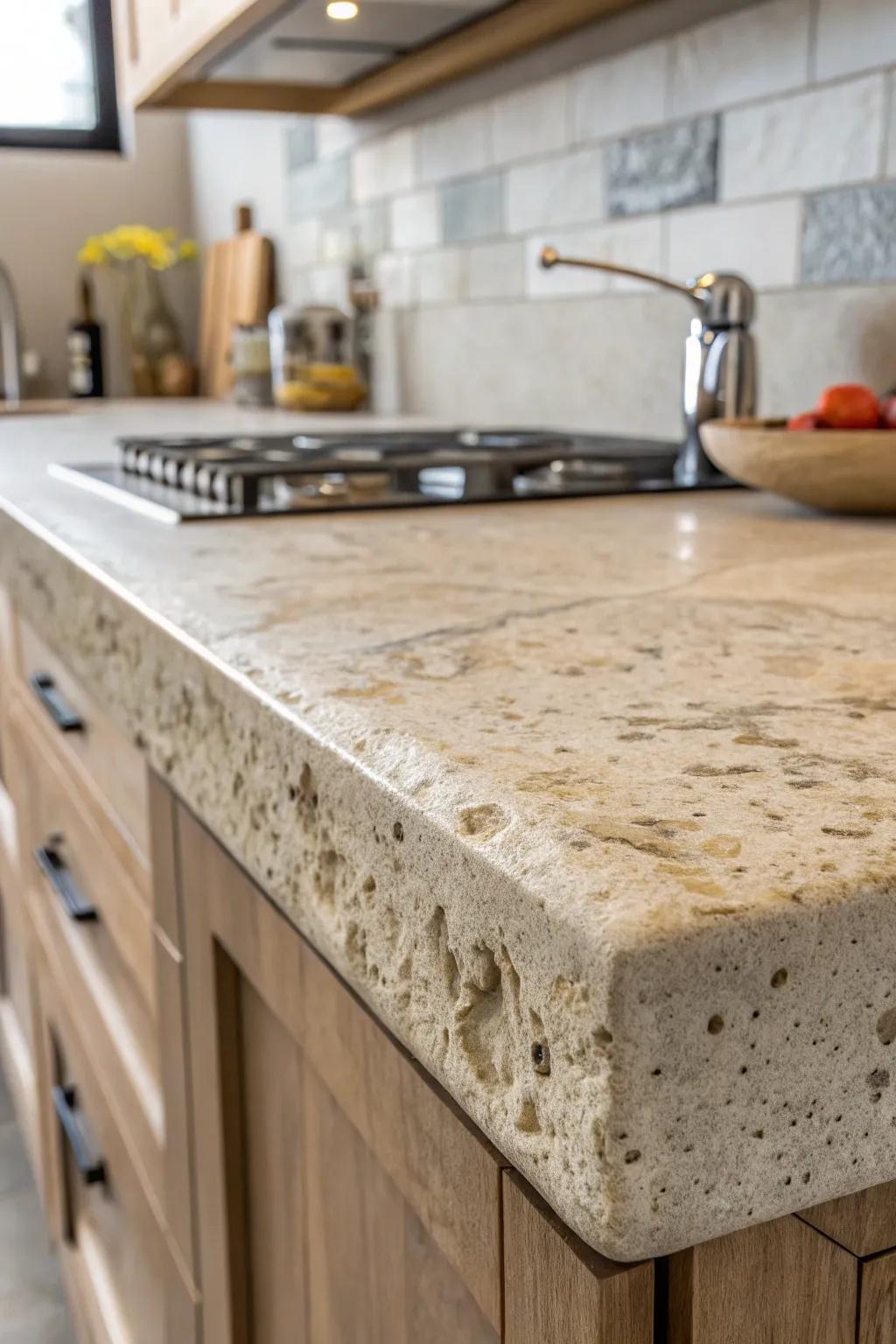 A detailed view of textured concrete countertops that add depth to the kitchen.