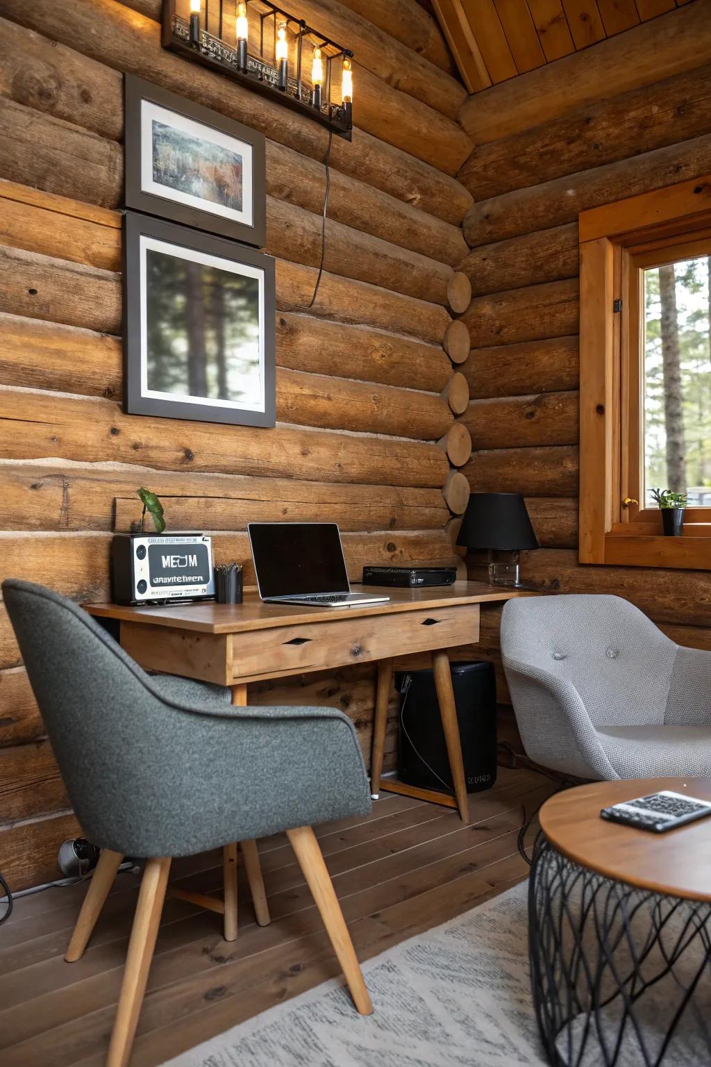 Modern conveniences meet traditional knotty pine charm.