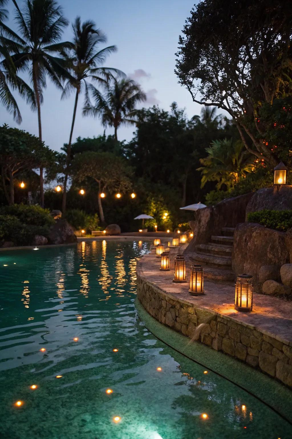 Subtle lighting converts lagoon pools into enchanting night scenes.