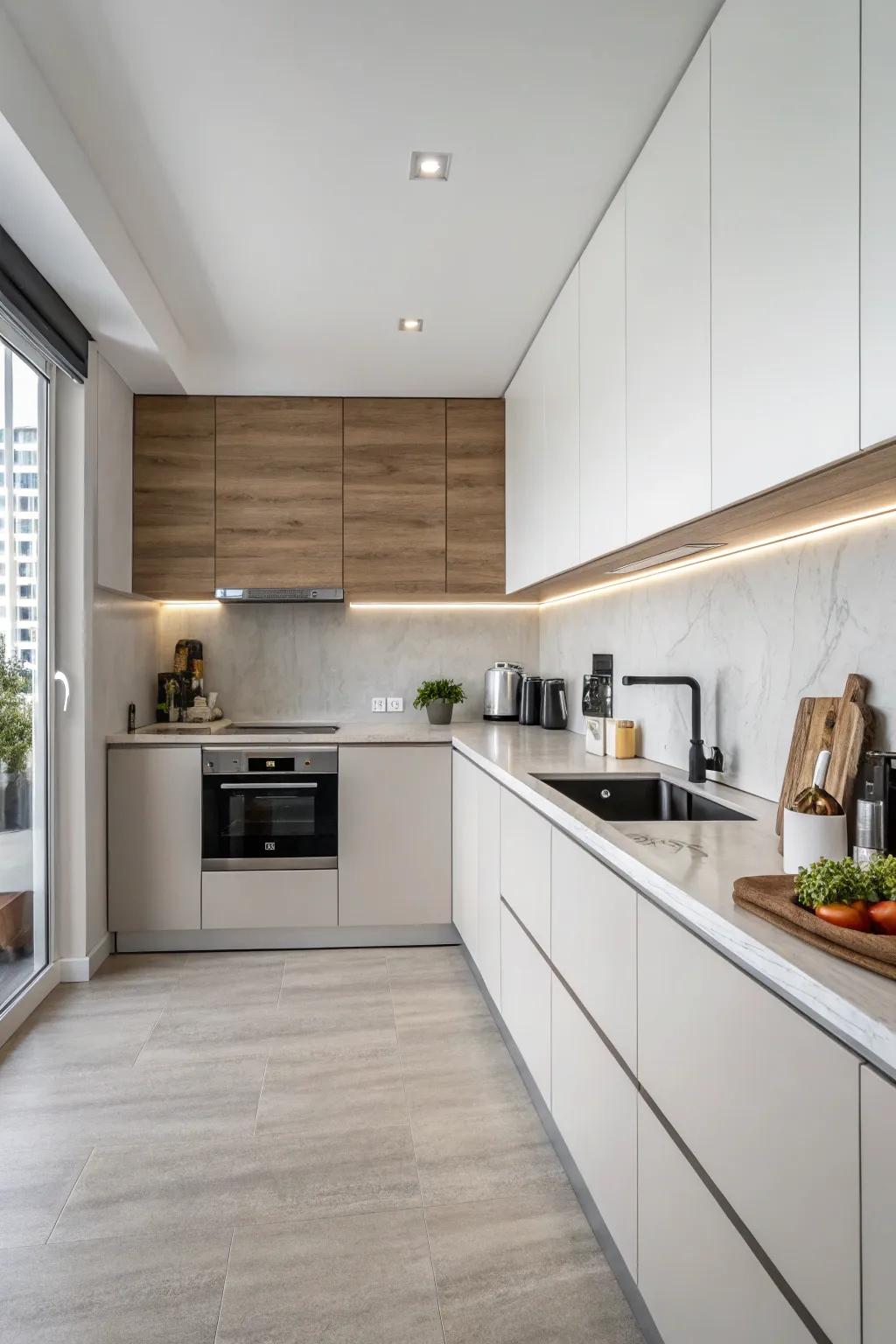 Simple laminate backsplash provides contemporary, streamlined charm.