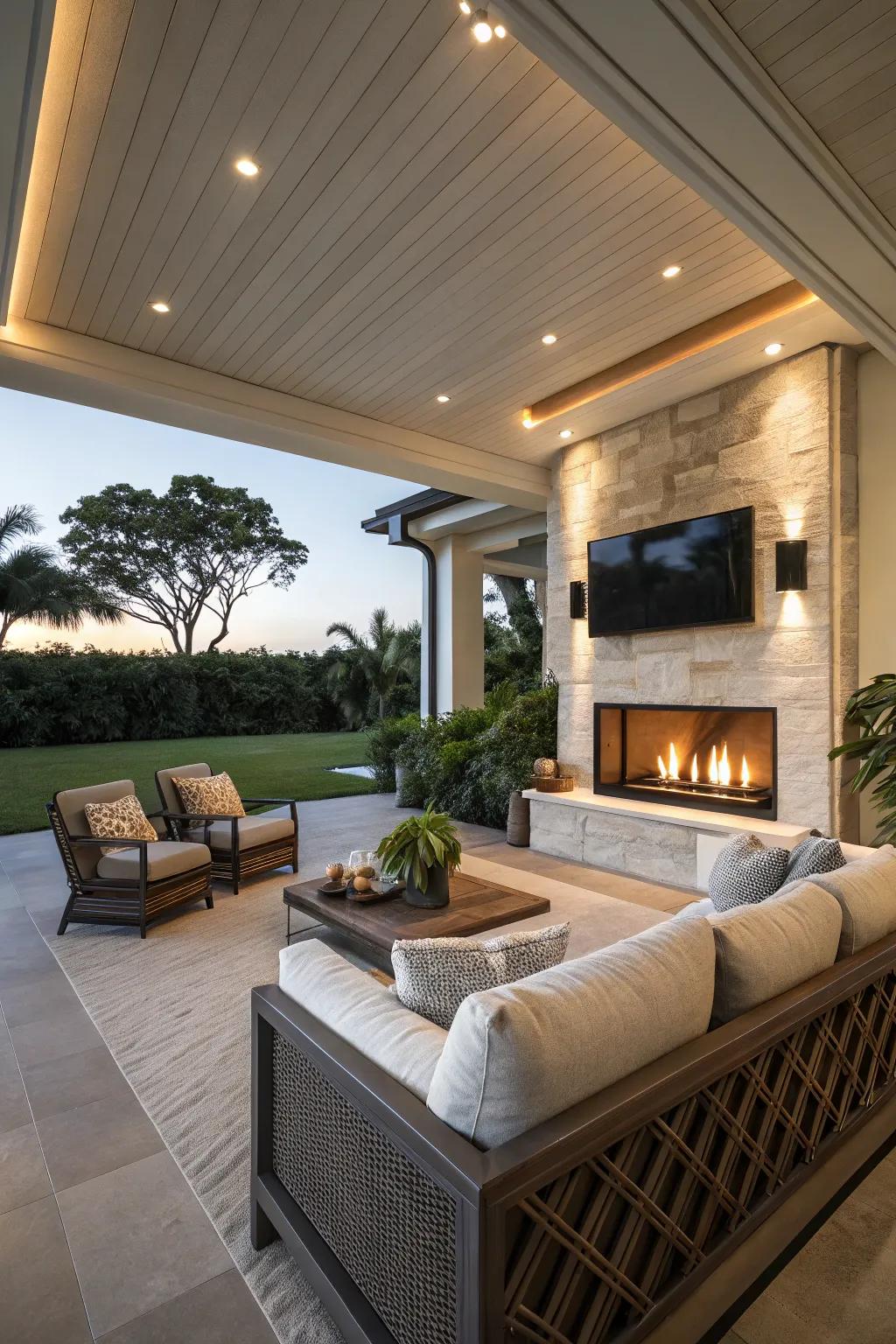 A fireplace warms this lanai, rendering it ideal for chilly evenings.