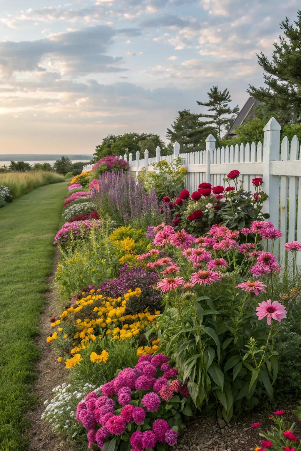 A lively garden border filled with blooming perennials, adding color and energy.