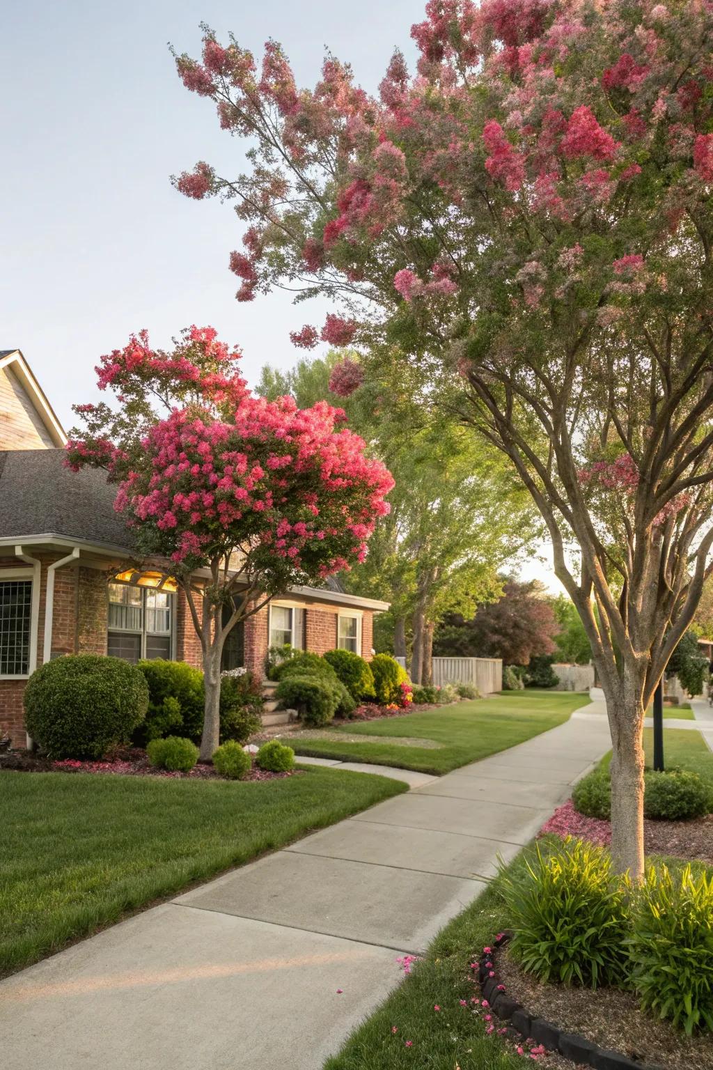 Small flowering trees enhance the front garden's scenery and shade.