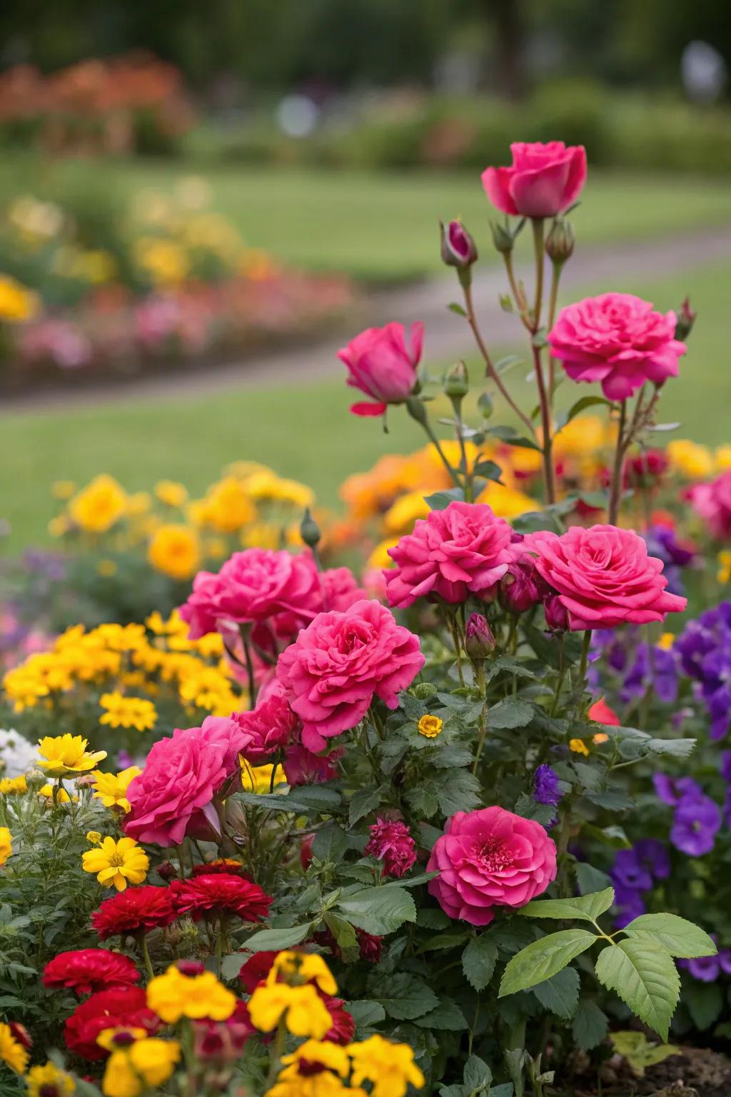 A lively bed of flowers highlighting radiant roses.