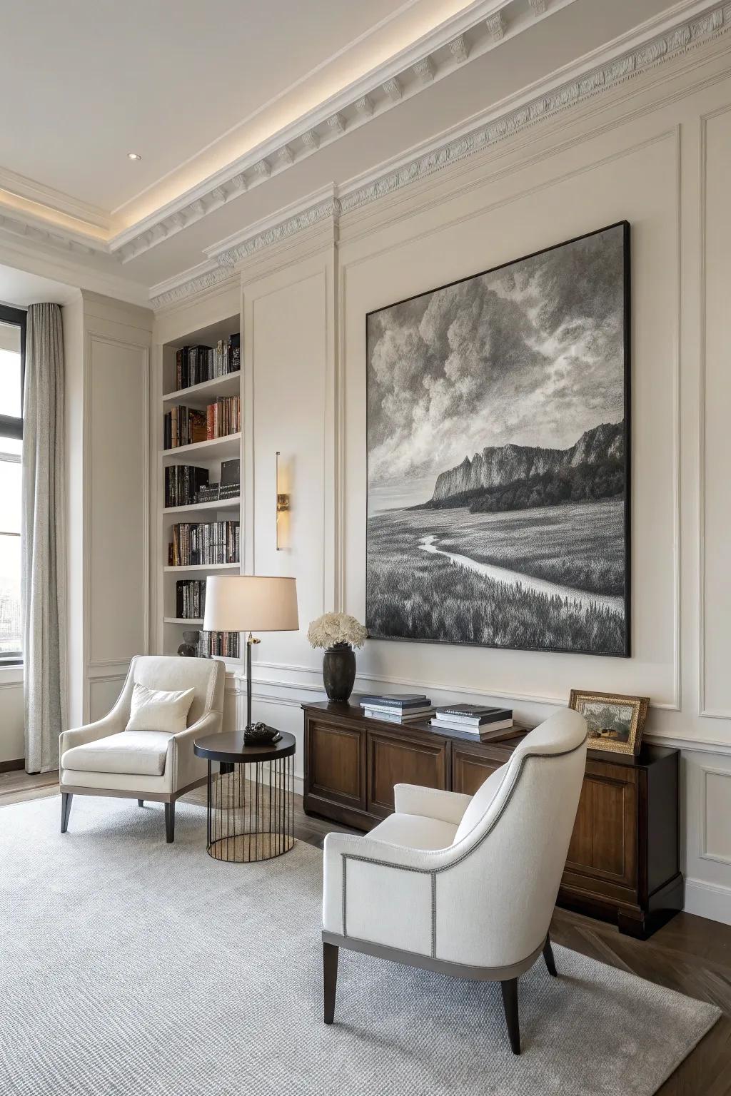Timeless elegance and sophistication radiate from a monochrome painting.