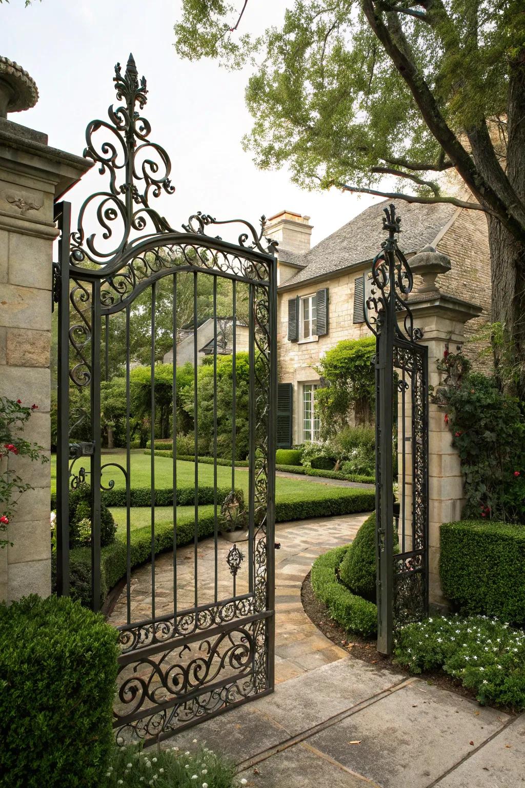 Hand-forged iron gateways provide ageless grace and durability.