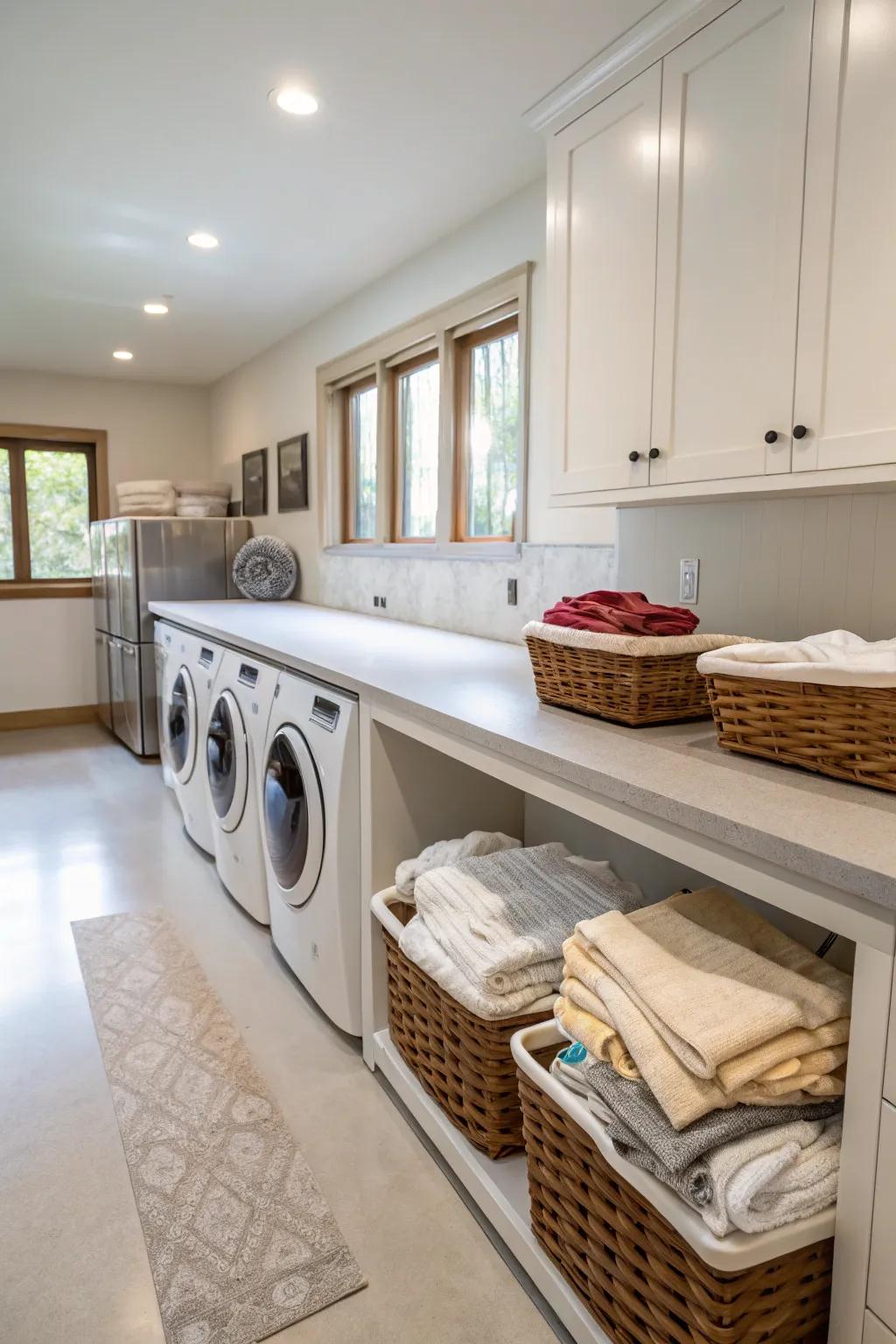 Ample counter space for folding and organizing in the laundry room.