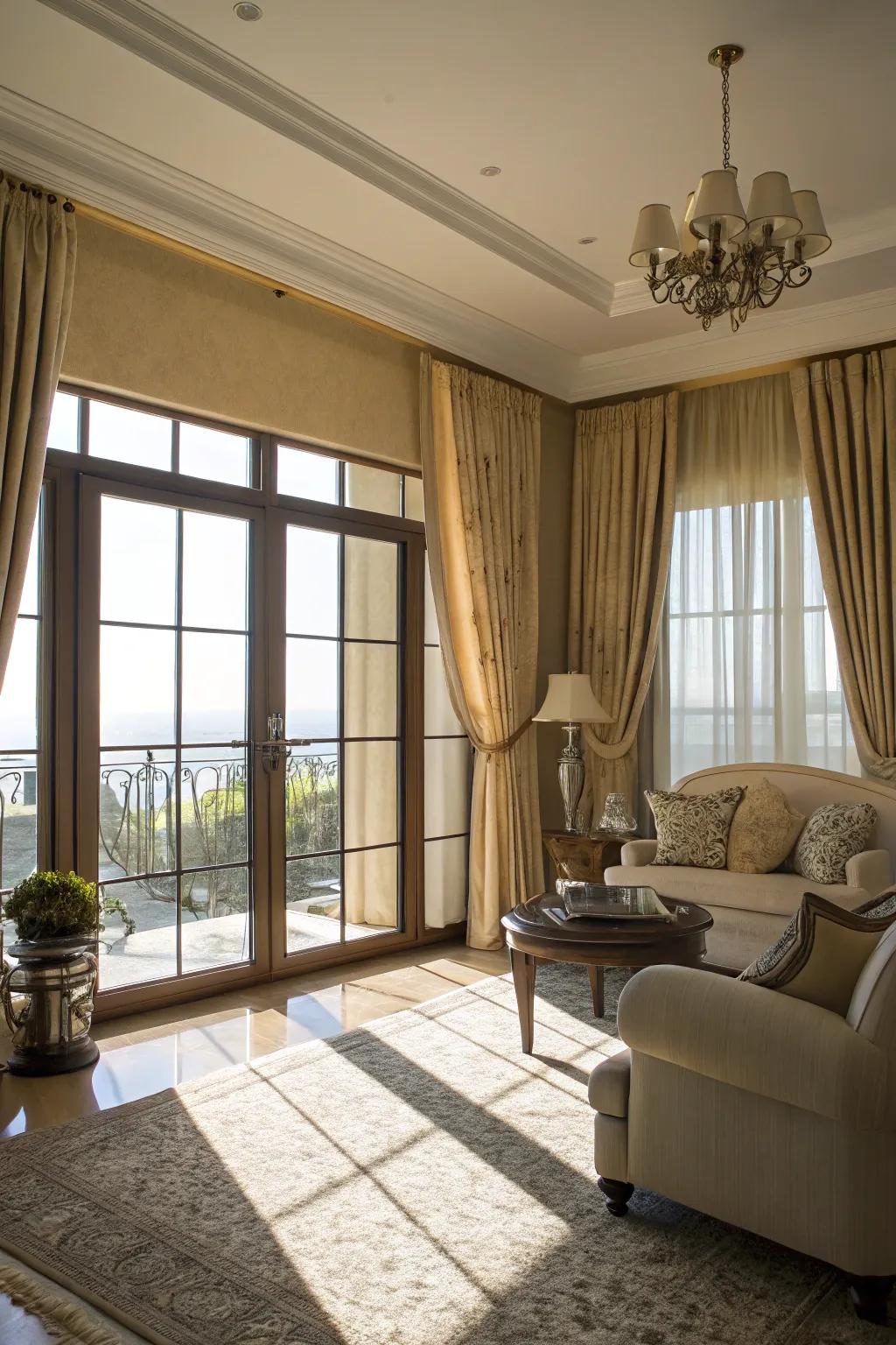 Drape-style curtains gracefully managing light and privacy in a luminous living room.