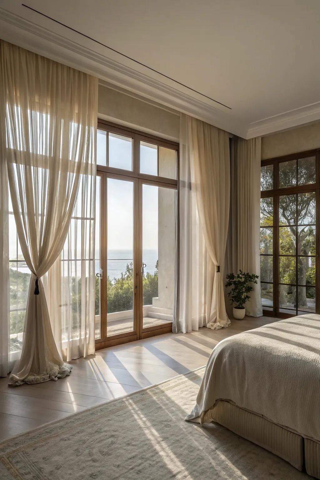 Sunlight enhances the airy feel of the primary bedroom.