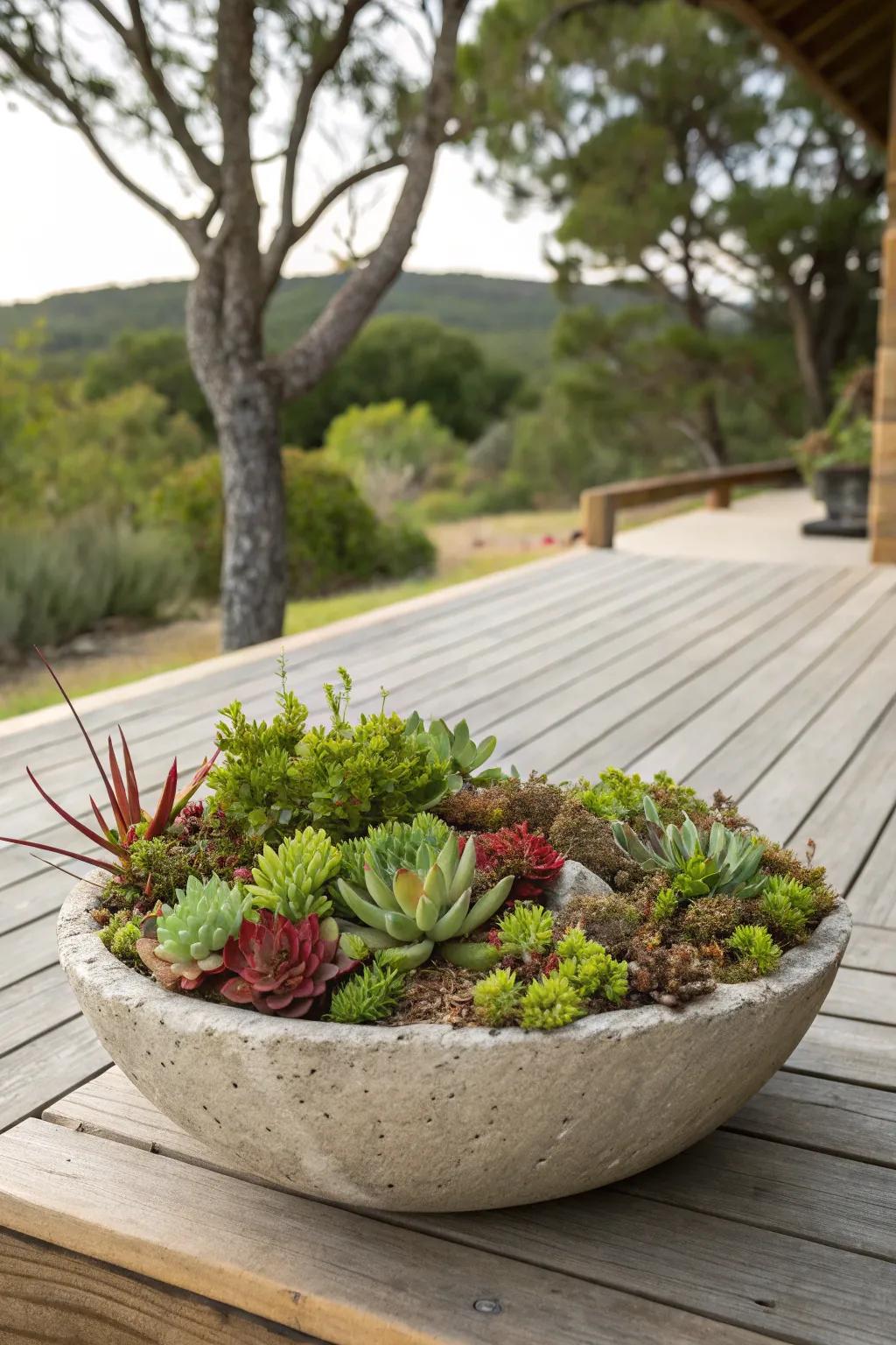 A stone basin functioning as a peaceful succulent landscape.