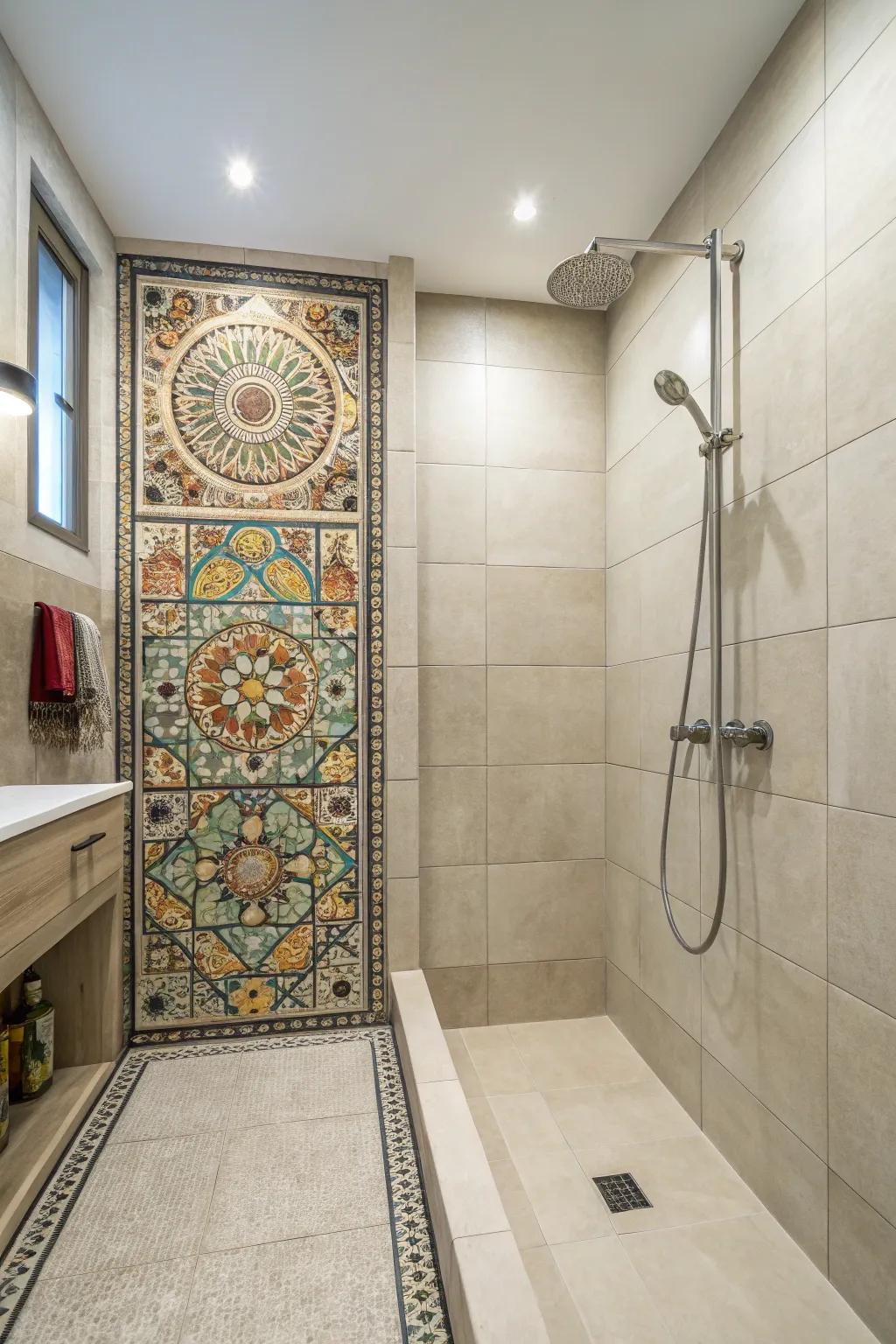 Ornamental features inject intrigue and flair into a shower clad with expansive tiles.