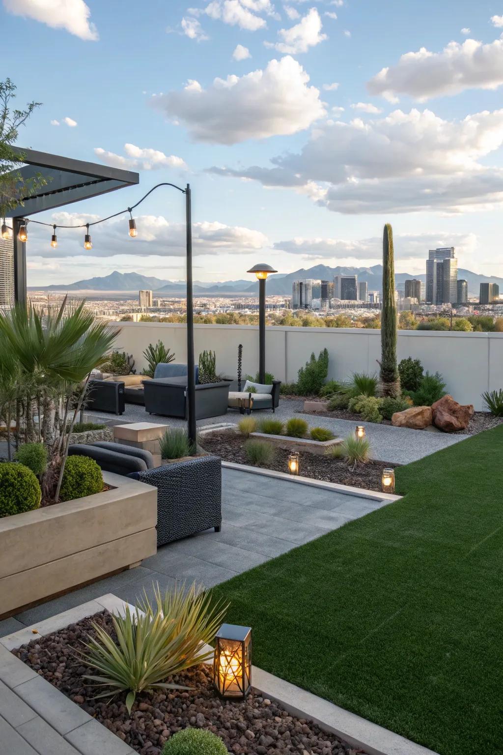 Verdant artificial turf alongside desert landscaping in a Las Vegas backyard.