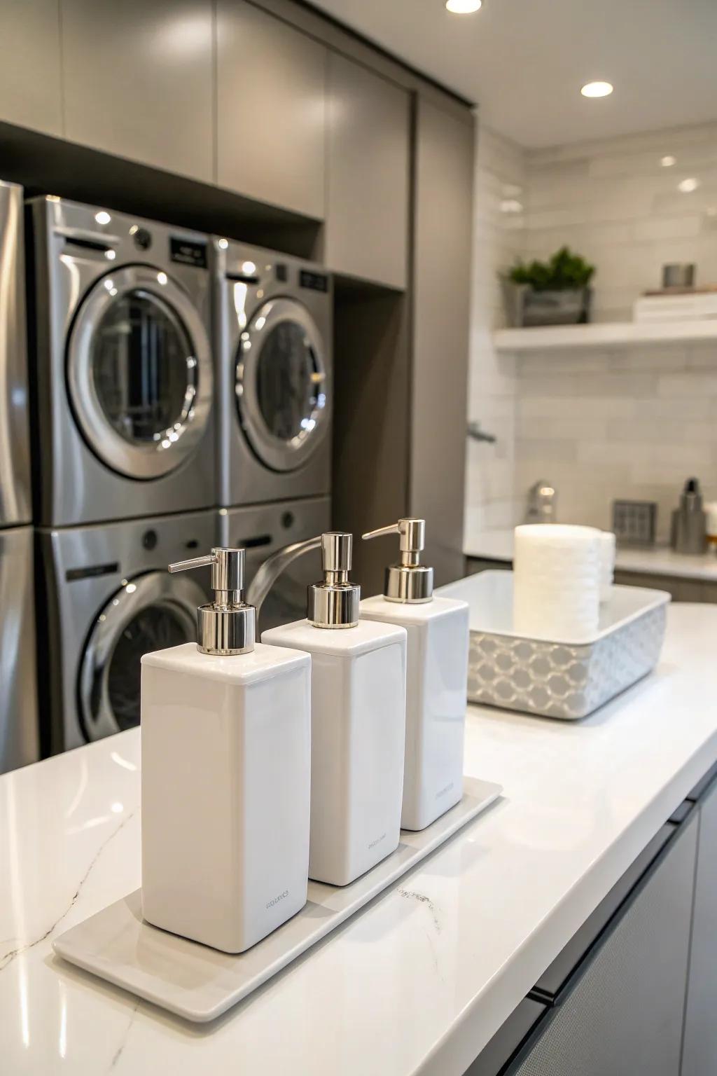 Minimalist dispensers complement contemporary laundry rooms.