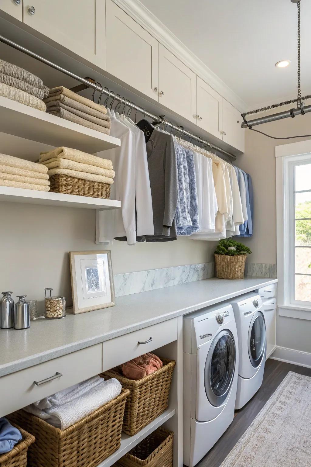 Hanging racks that are both functional and integrated with the countertops in a laundry room.